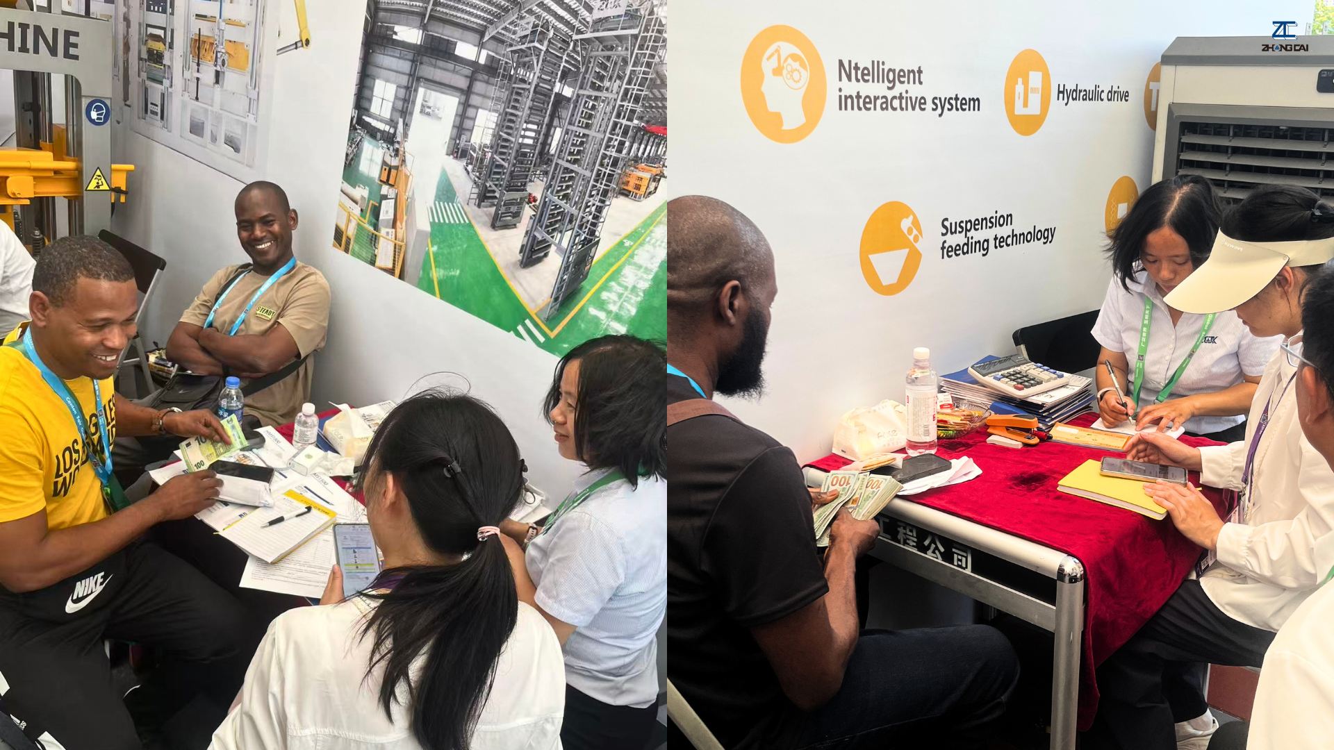 The ZCJK team discusses block making machine configurations and production requirements with overseas buyers at the Canton Fair..png