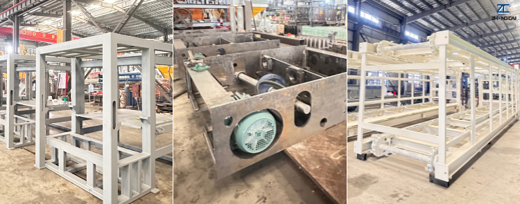 Close-up of ZCJK block machine showing thick steel frame and motor