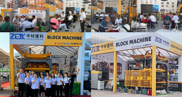 ZCJK team showcasing brick-making machines at an international trade show, engaging with global customers.