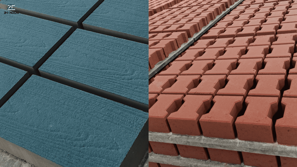 Concrete block machine producing dual-layer colored interlocking pavers with face-mix feeding technology.png