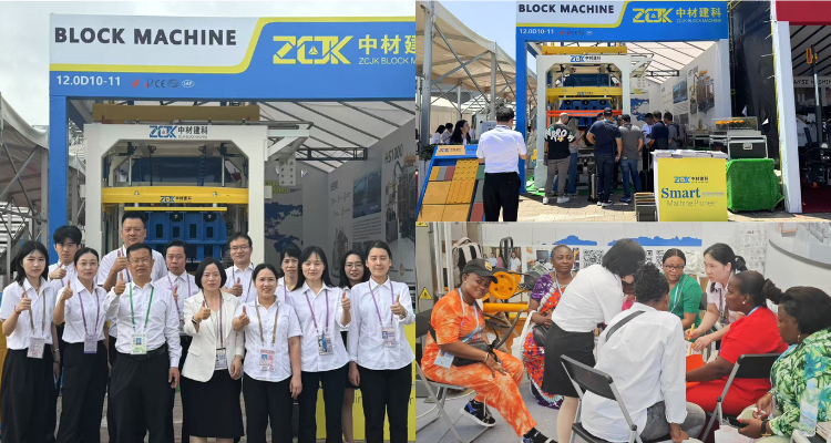 ZCJK team showcasing brick-making machines at an international trade show, engaging with global customers.