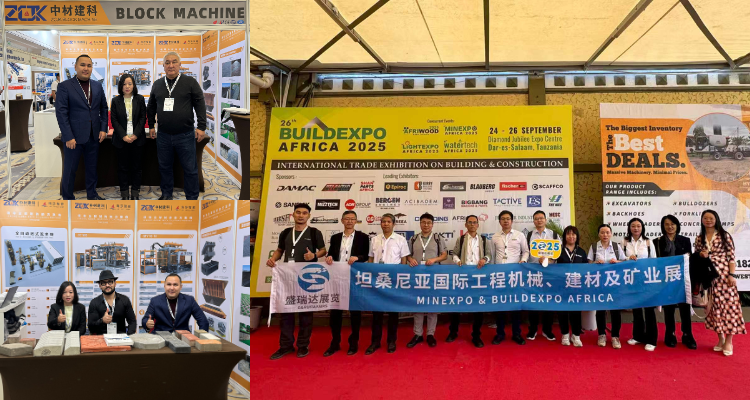 ZCJK team showcasing brick-making machines at an international trade show, engaging with global customers.