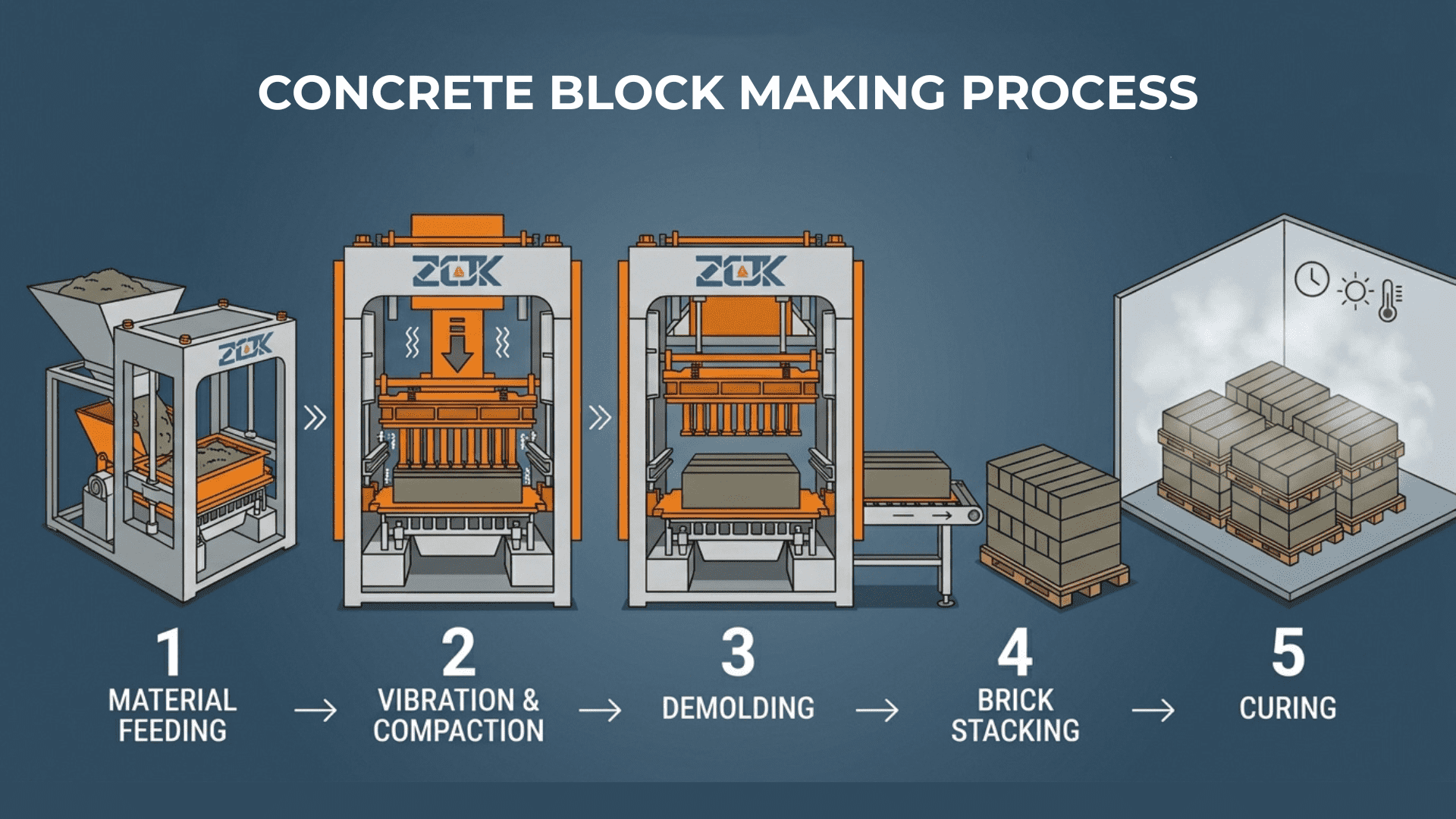 Concrete block making machine working principle showing material feeding, vibration and compaction, demolding, and block stacking.png