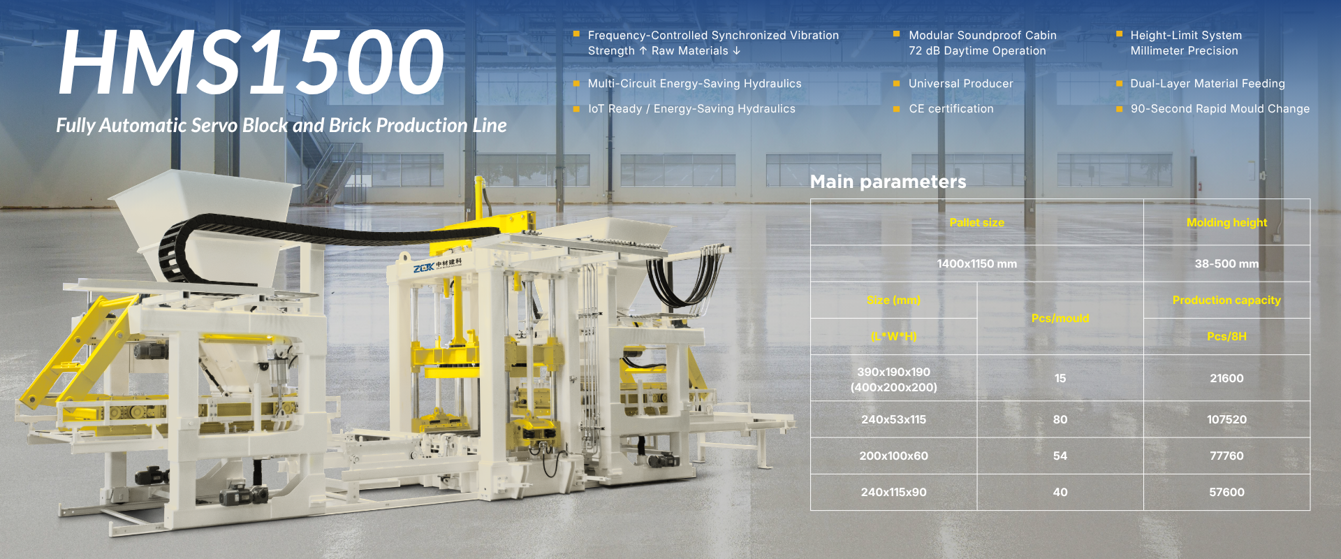 ZCJK HMS1500 Fully Automatic Servo Block and Brick Production Line Main Parameters