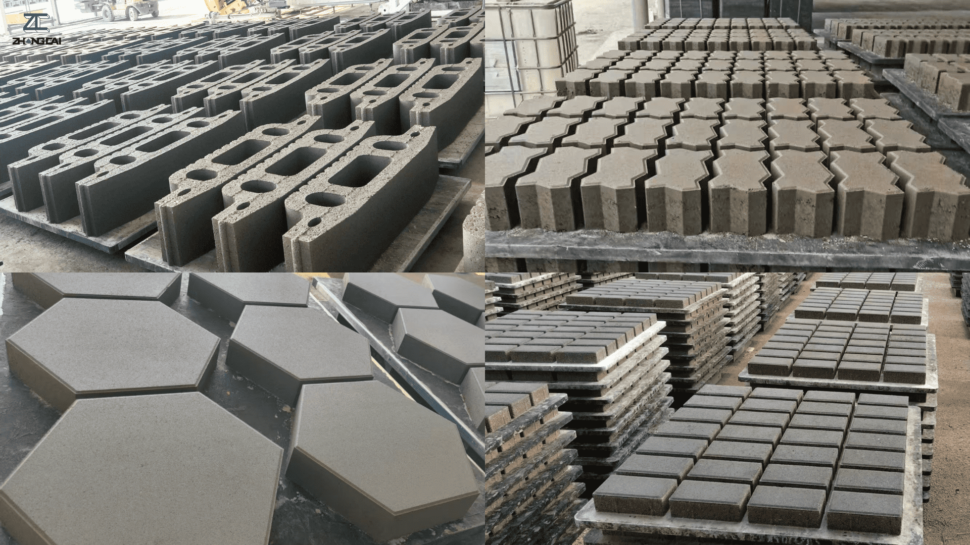 Different types of concrete blocks including hollow blocks, solid bricks, interlocking pavers, and eco-slope protection blocks.png