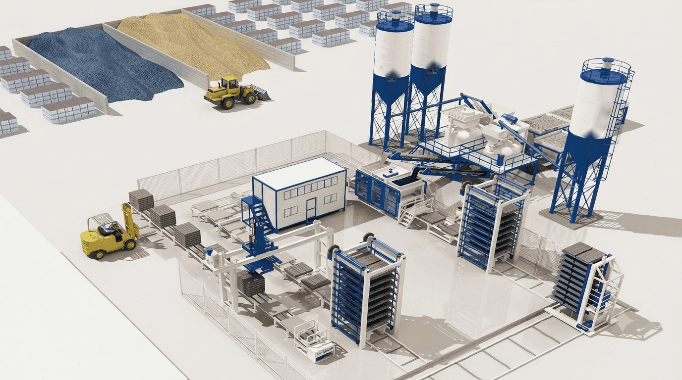 High-capacity concrete block production line featuring elevator and finger car transfer system for automated wet-side handling.